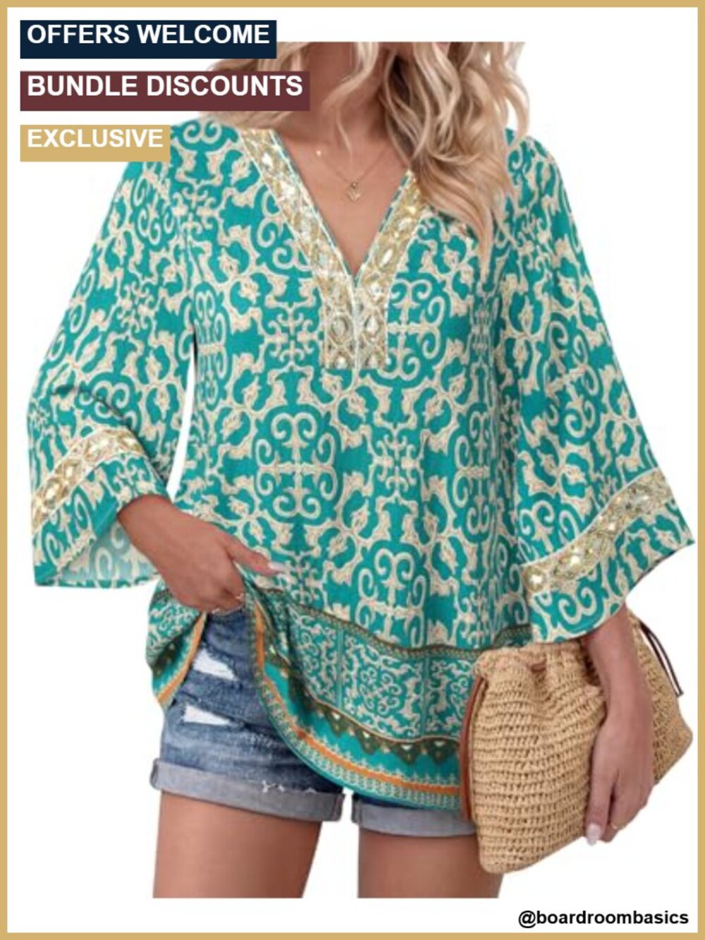 3/4 Bell Sleeve Embroidered V Neck Boho Tunic Blouse
